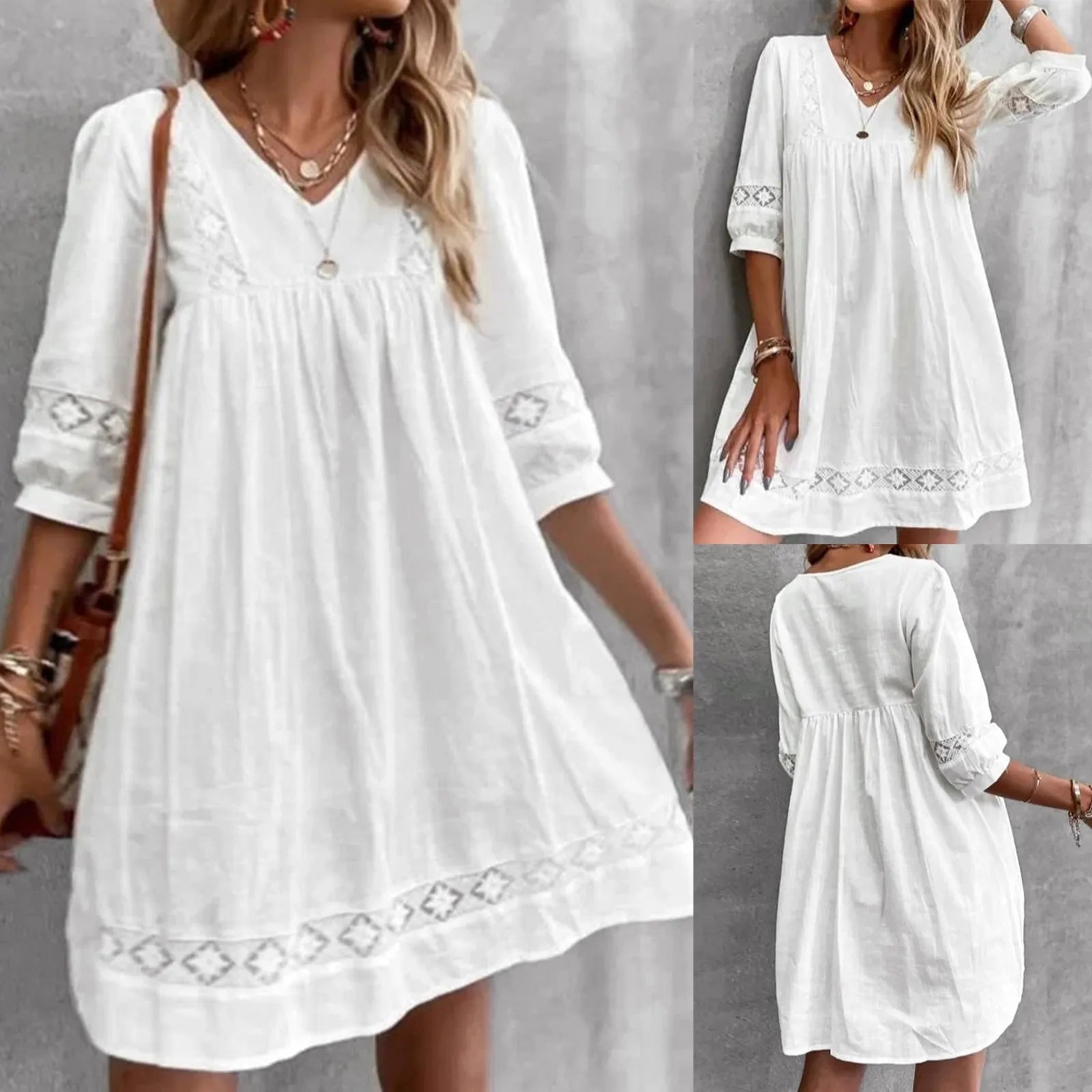 V-Neck Lace Panel Swing Mini Dress with Relaxed Flowy Silhouette
