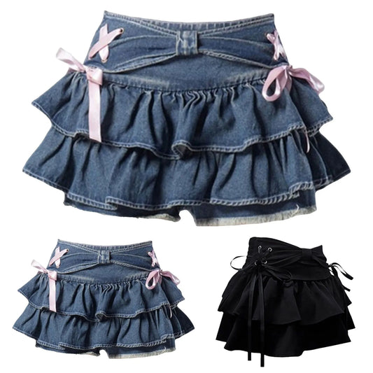 Tiered Ruffle Denim Look Mini Skirt with Bow Detail Y2K Styling