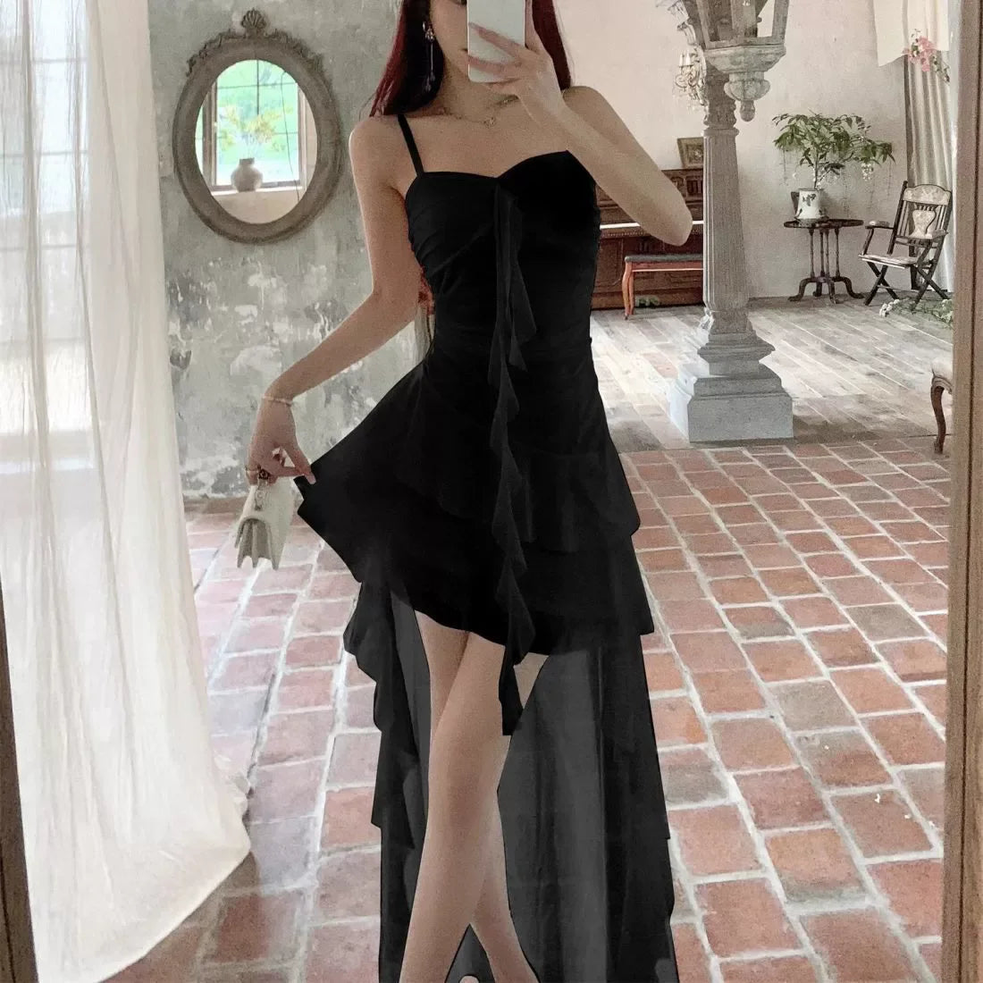 Layered Ruffle Gothic Mini Dress with Alternative Streetwear Aesthetic