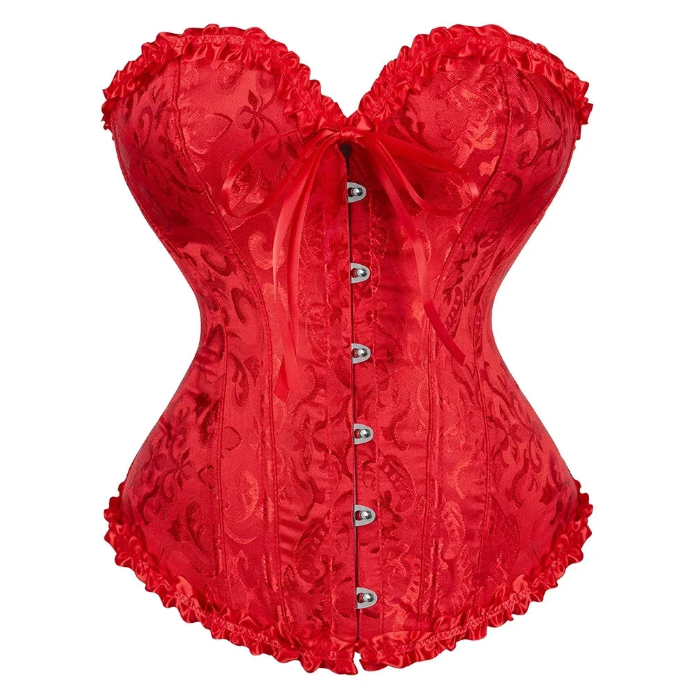 Vintage Floral Jacquard Corset Top with Sweetheart Neckline and Lace-Up Detail