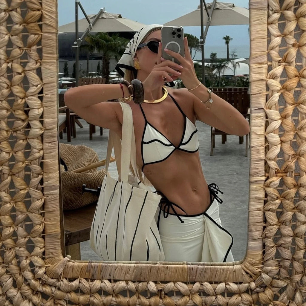 Cream and Black Contrast-Trim Triangle Bikini with Matching Maxi Skirt