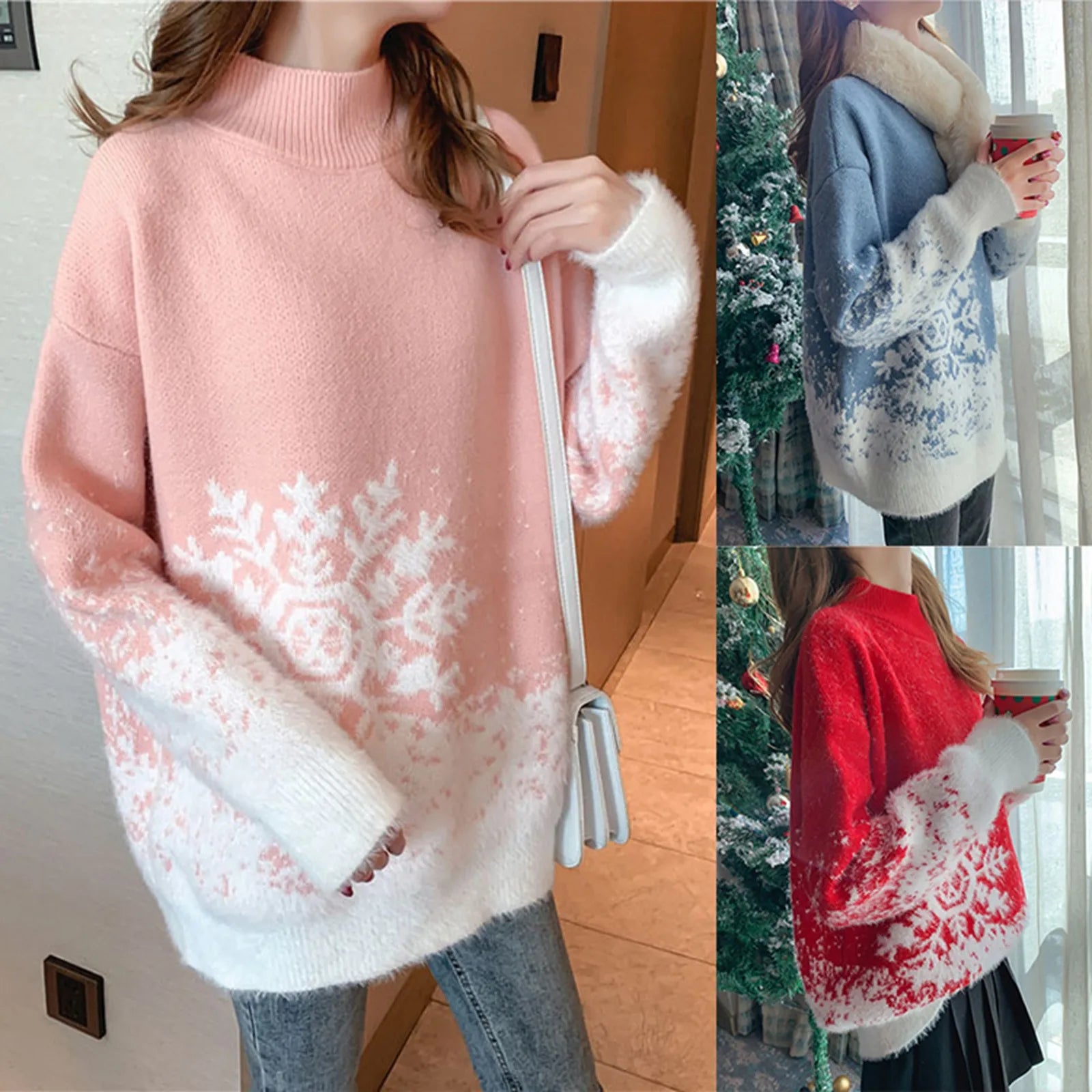 Women's Oversized Turtleneck Nordic Pattern Thick Knit Winter Sweater