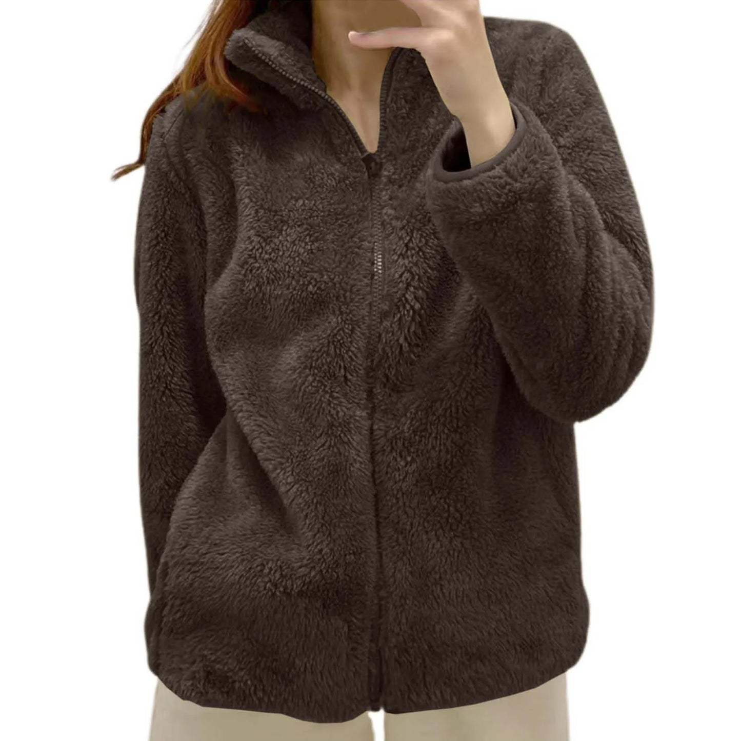 Women's Plush Polar Fleece Zip Jacket with Relaxed Streetwear Layering Fit