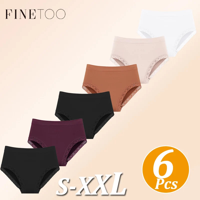 6-Piece Women’s Mid-Rise Seamless Briefs Set with Delicate Lace Trim and Assorted Solid Colors