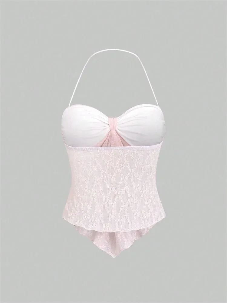Lace Halter Crop Top with Bow Detail and Slim Fit Streetwear Camisole Design