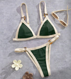 Textured Taupe Triangle Bikini with White Contrast Piping and Ring Hardware