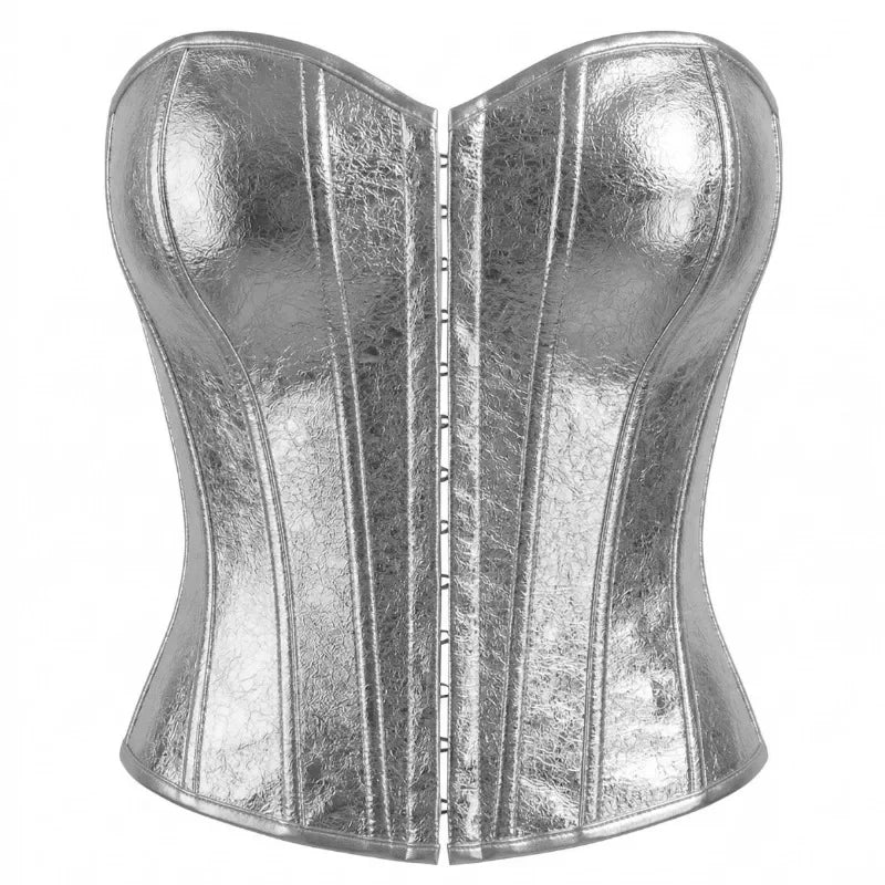 Luminous Metallic Silver Overbust Corset with Front Hook Closure