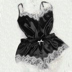 Contrasting Black Lace and Peach Satin-Finish Two-Piece Cami and Shorts Sleep Set