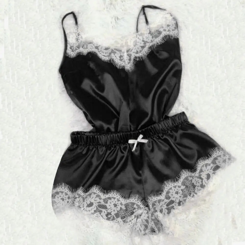 Contrasting Black Lace and Peach Satin-Finish Two-Piece Cami and Shorts Sleep Set