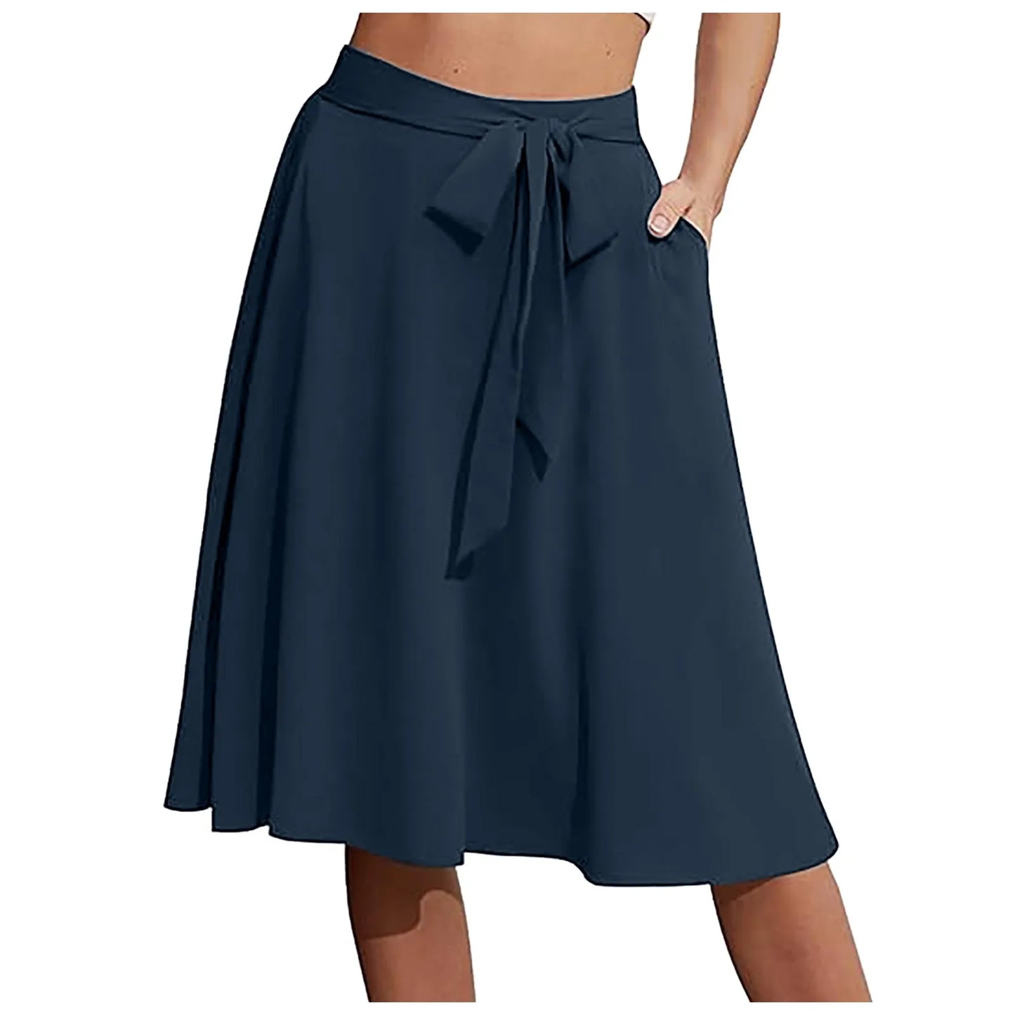 High Waist Lace-Up A-Line Midi Skirt with Pockets Casual Contemporary Everyday Style