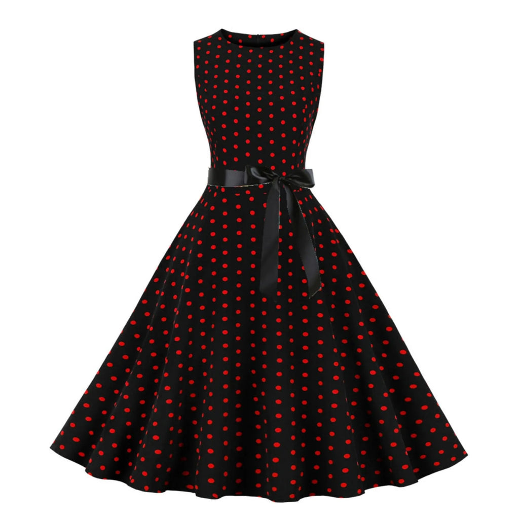 Retro Red and White Polka Dot Swing Dress with Black Waist Tie