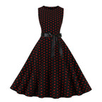 Retro Red and White Polka Dot Swing Dress with Black Waist Tie