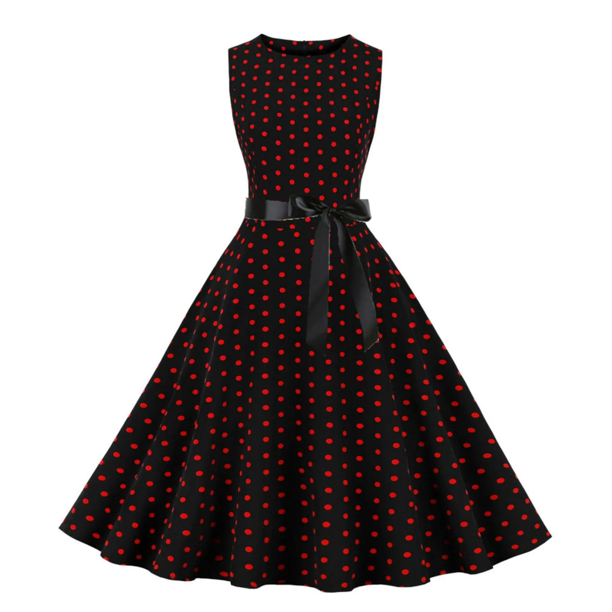 Retro Red and White Polka Dot Swing Dress with Black Waist Tie