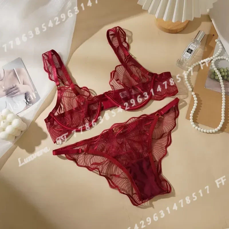Sheer Mesh Unlined Underwire Bra and Panty Set with Botanical Leaf Embroidery
