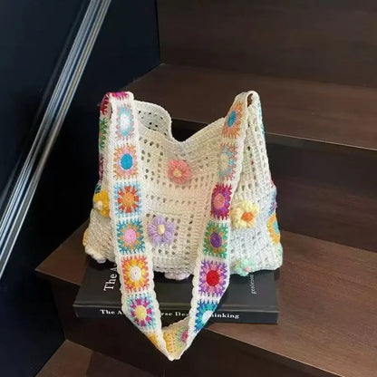 Open Knit Tote Shoulder Bag with Large Capacity Casual Design