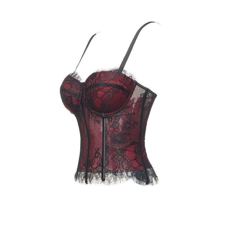 Lace Corset-Inspired Cami Top with Sheer Paneling and Adjustable Straps