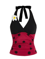 Polka Dot Halter Crop Top with Floral Accent Trendy Summer Style
