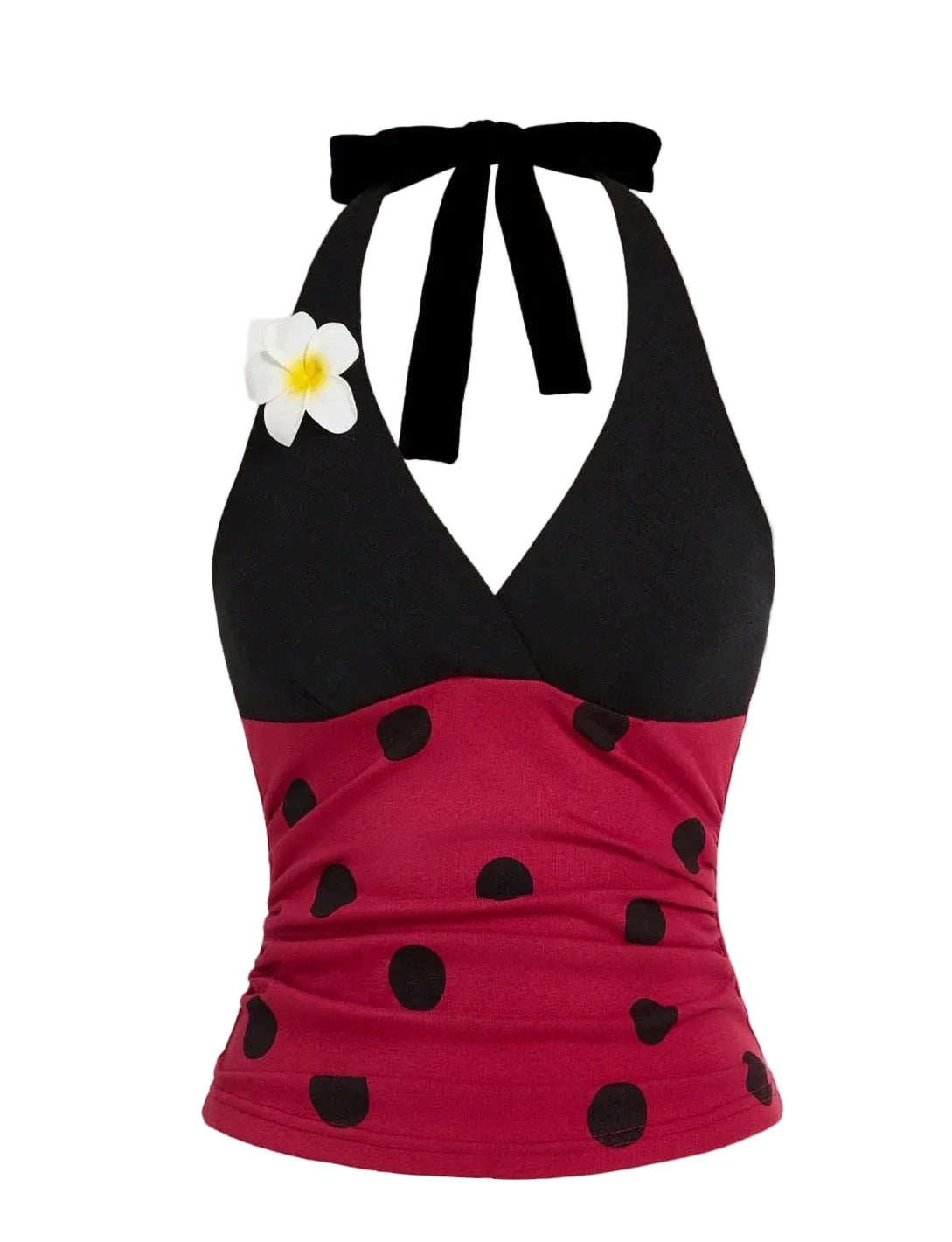 Polka Dot Halter Crop Top with Floral Accent Trendy Summer Style