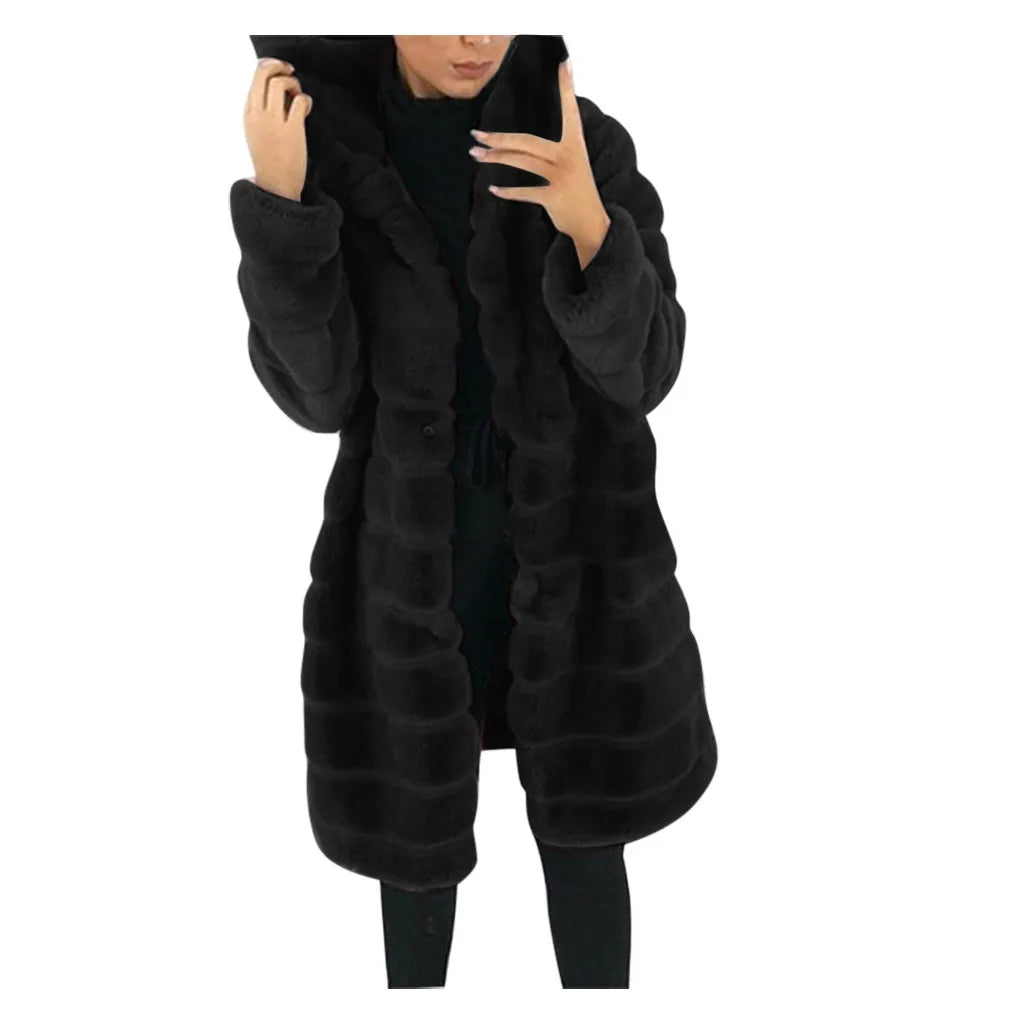 Women's Long Hooded Faux Fur Coat Plush Winter Warm Casual Statement Outerwear