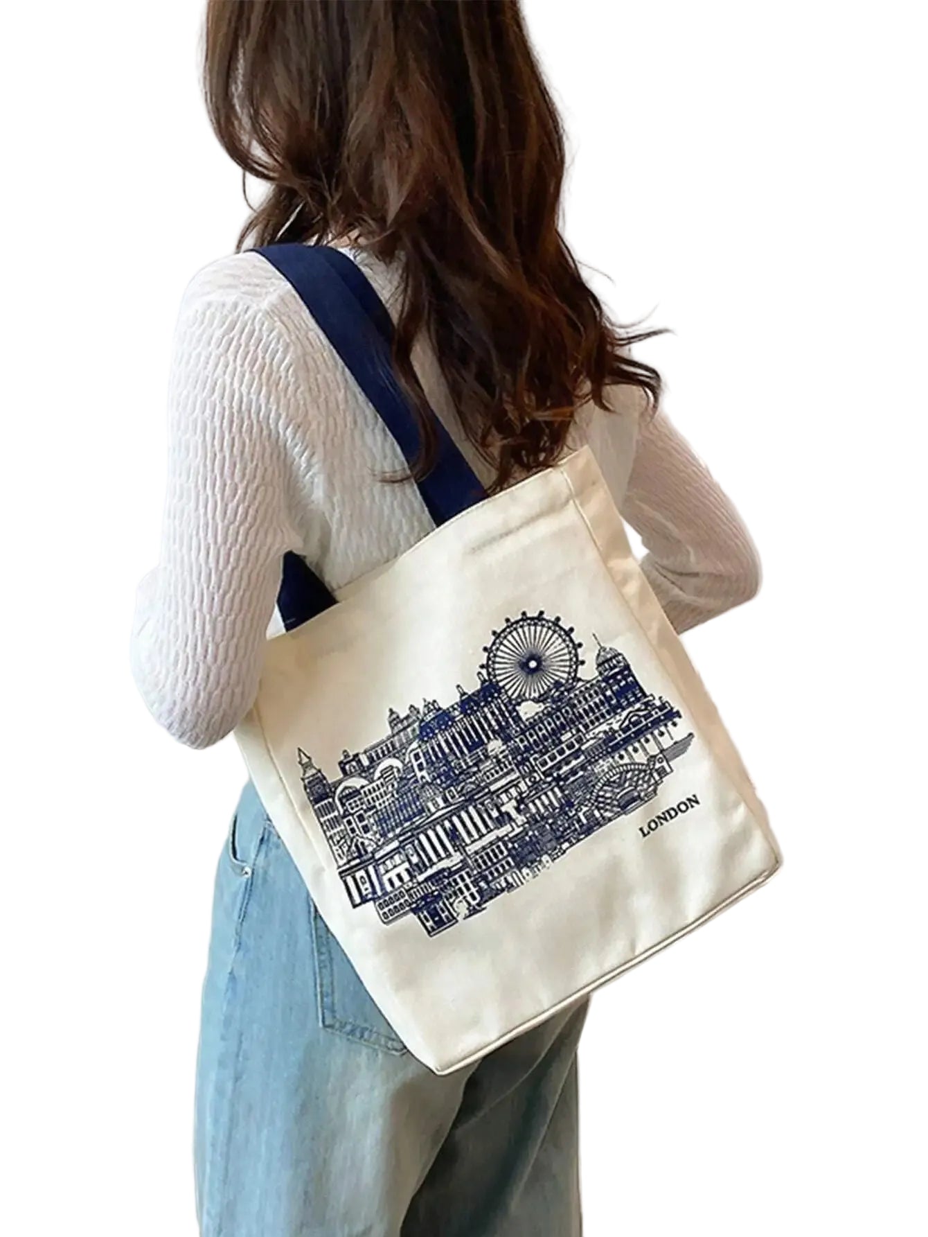 Graphic Artwork Canvas Shopper Tote with Double Handle Design