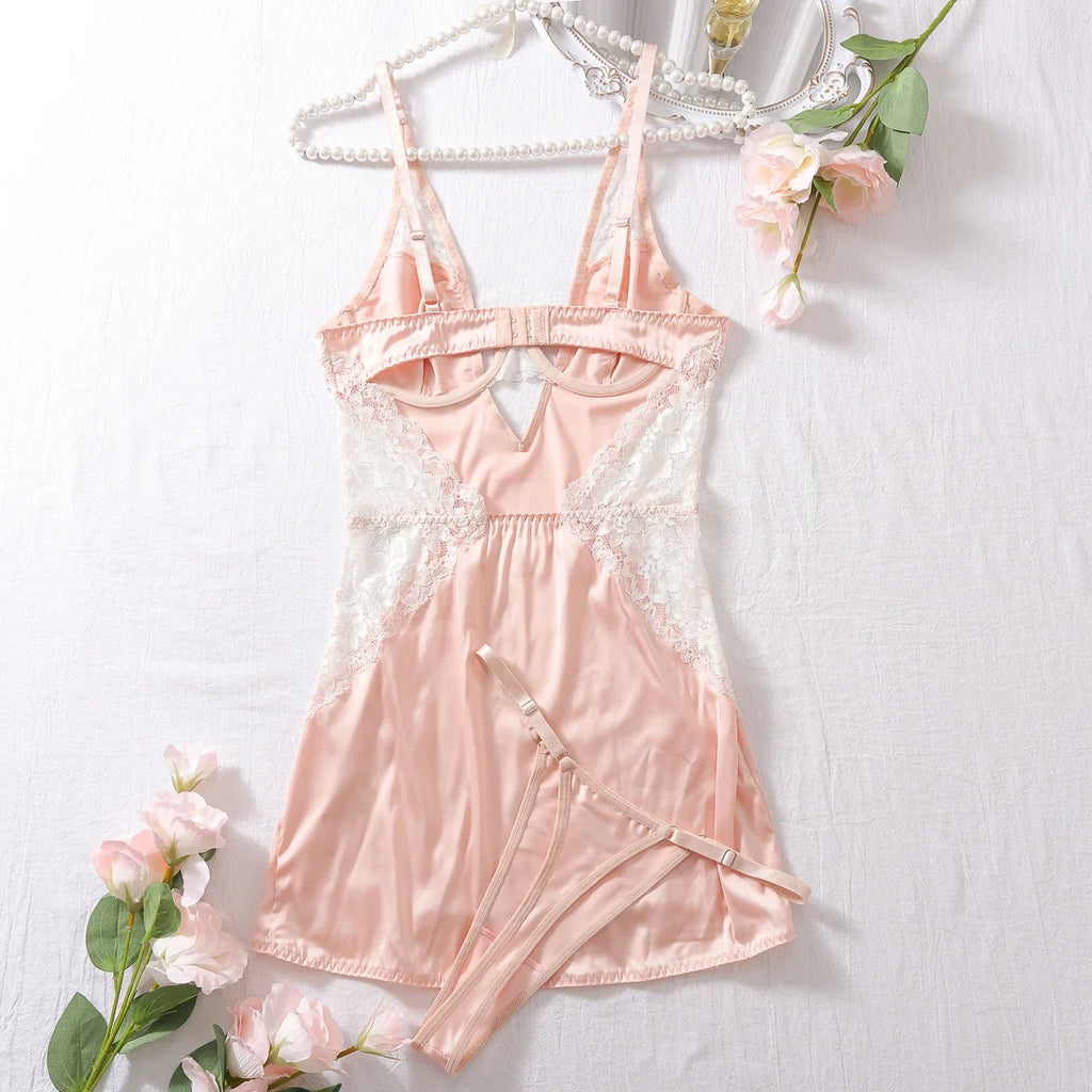 Blush Pink Satin-Finish Chemise with Structured Cups and Sheer White Lace Paneling