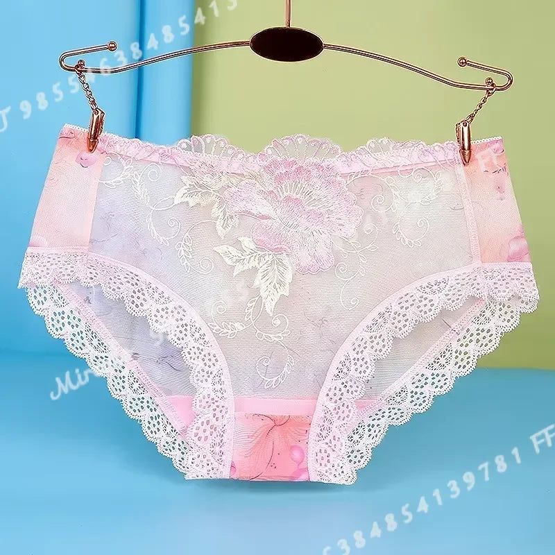 Women’s Floral Embroidered Lace Briefs with Sheer Panels, Low-Rise Silhouette and Delicate Feminine Detailing