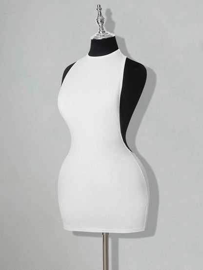 Backless Sleeveless Bodycon Mini Dress with Criss Cross Open Back Detail