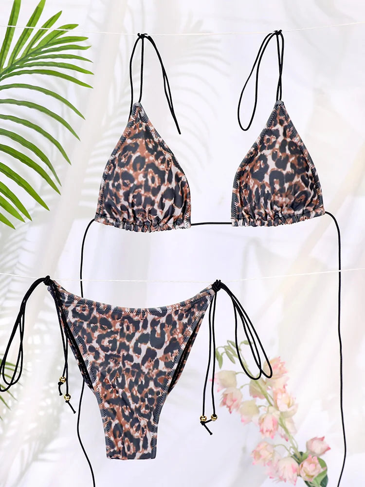 Classic Leopard Print String Bikini with Adjustable Tie Closures