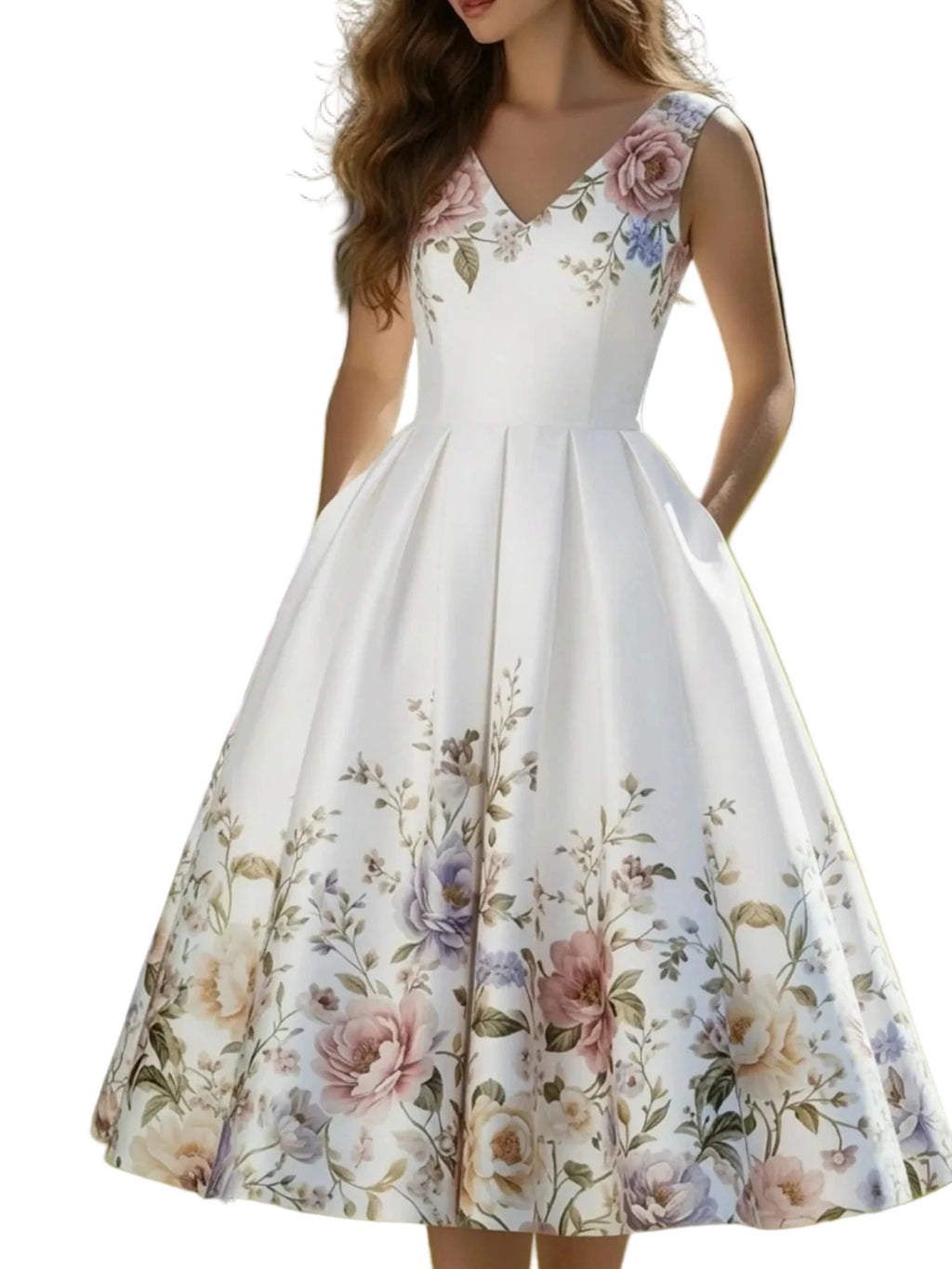 Elegant White Floral Print Swing Dress with V-Neckline and Pleated Skirt