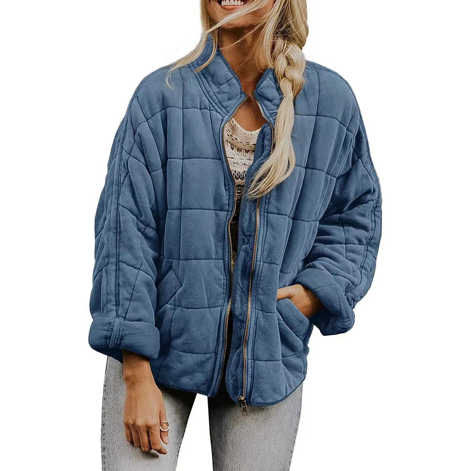 Women's Quilted Button Front Jacket with Relaxed Casual Layering Streetwear Silhouette