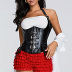 Vintage-Inspired Dark Faux Leather Underbust Corset with Adjustable Halter Straps and Metal Buckles