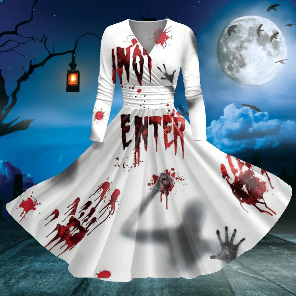 Dark Gothic Blood Print Fit and Flare Alternative Fashion Midi Dress - BigCat Streetwear