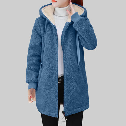 Women's Longline Hooded Sherpa Fleece Zip Jacket for Cozy Streetwear Layering
