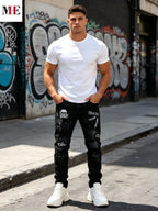 Men's Slim Straight Distressed Denim Jeans with Graphic Patch Streetwear Styling