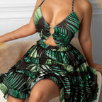 Tropical Ruffle Mini Dress with Playful Manga-Inspired Styling