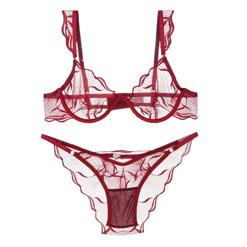 Sheer Mesh Unlined Underwire Bra and Panty Set with Botanical Leaf Embroidery