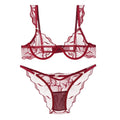 Sheer Mesh Unlined Underwire Bra and Panty Set with Botanical Leaf Embroidery