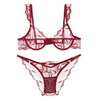 Sheer Mesh Unlined Underwire Bra and Panty Set with Botanical Leaf Embroidery