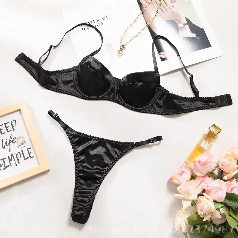 Lustrous Ruched Satin Demi Bra and Minimalist String Thong Set
