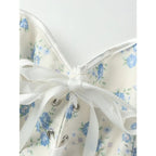 Blue and White Floral Strapless Corset with Ruffled Edging and Front Lace-Up