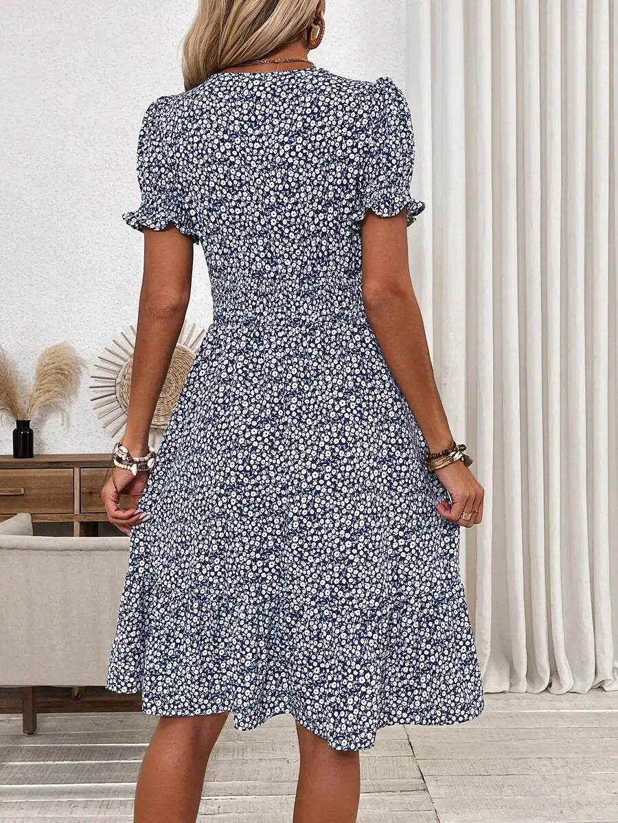 Breezy Blue Ditsy Floral V-Neck Mini Dress with Puff Sleeves