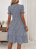 Breezy Blue Ditsy Floral V-Neck Mini Dress with Puff Sleeves