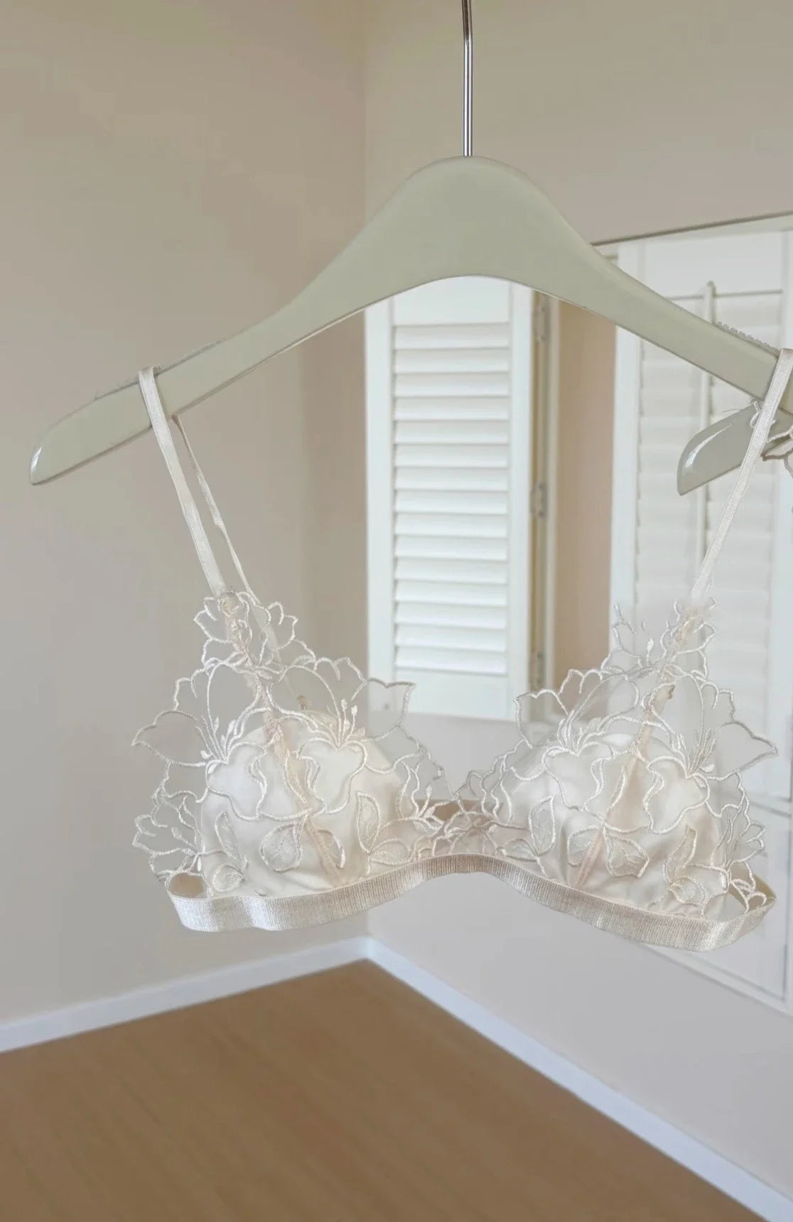 Ethereal Sheer French Lace Triangle Bralette and Matching Scalloped Panty Set