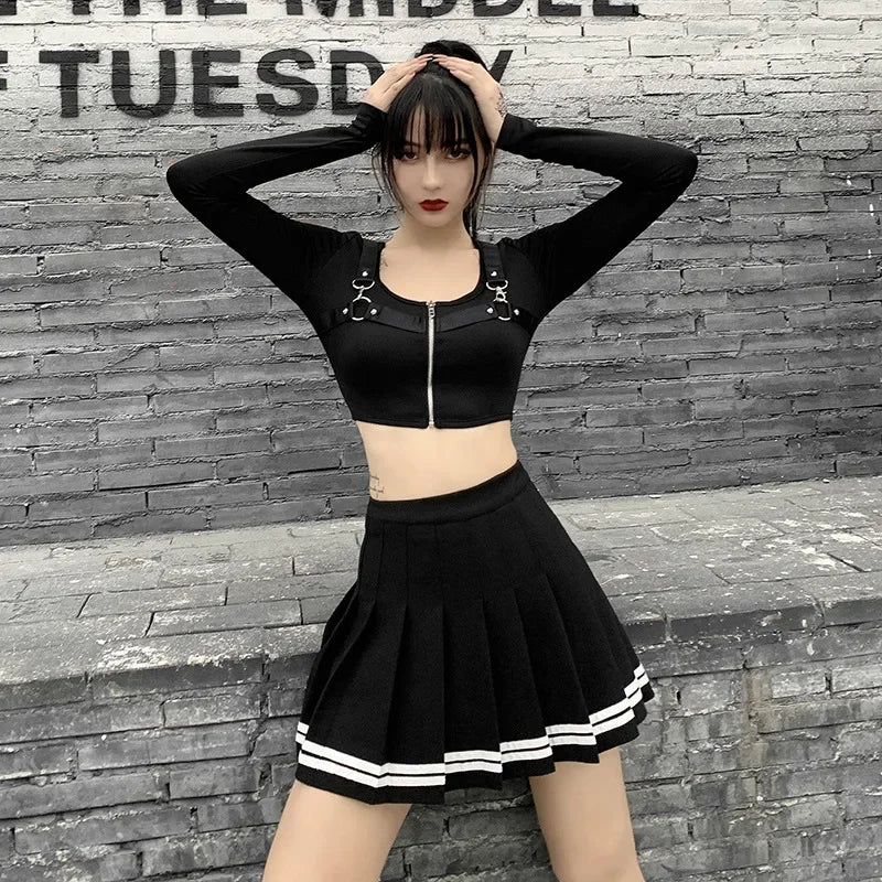 High Waist Pleated Mini Skirt Contrast Trim Alternative Fashion Bottom