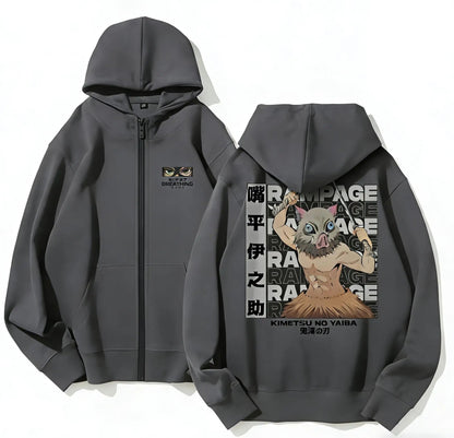 Anime-Inspired Manga Streetwear Zip Hoodie with Fierce Beast Graphic Artwork