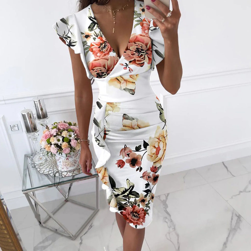 Form-Fitting Black Floral Midi Dress with Flutter Sleeves and Ruched Side Detailing