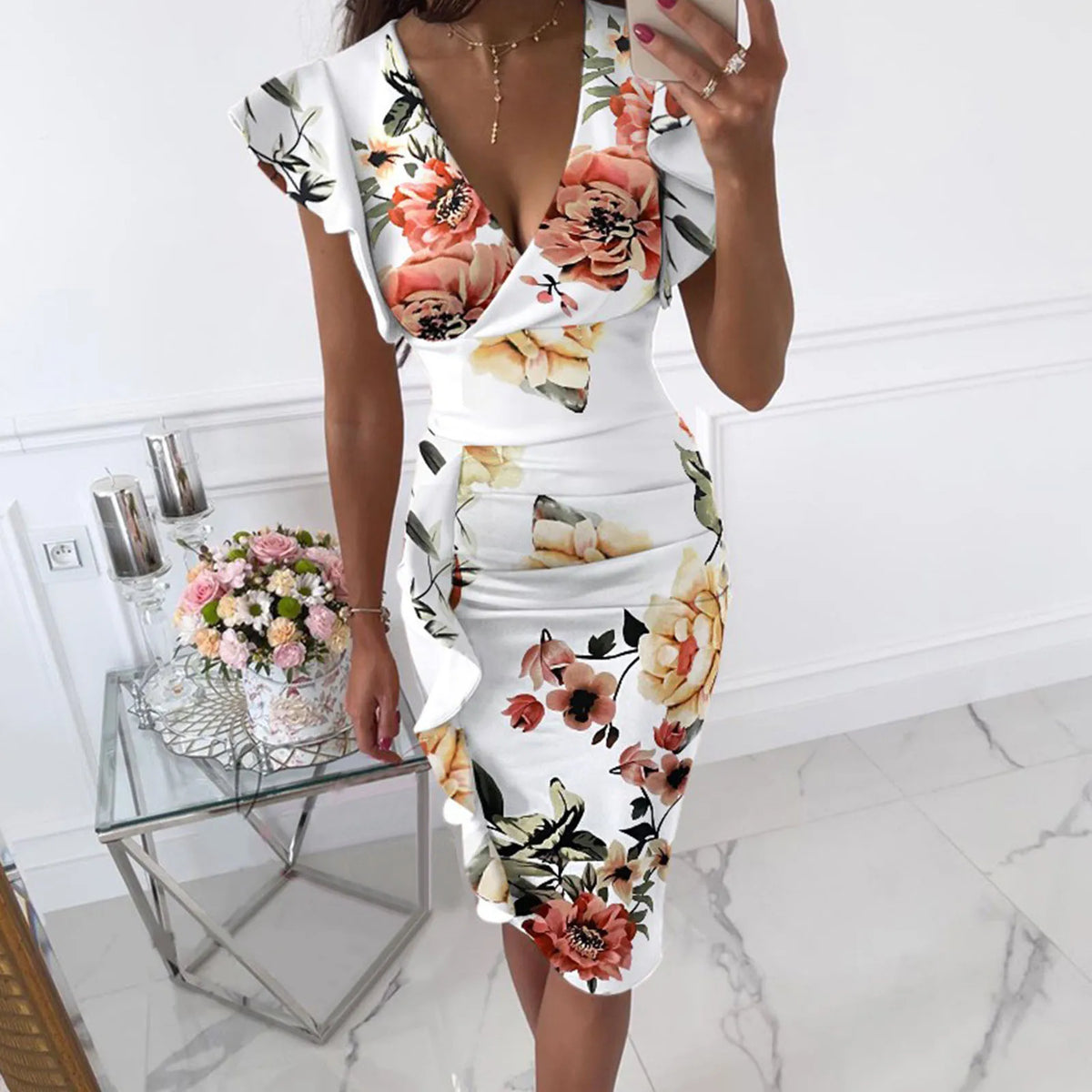 Form-Fitting Black Floral Midi Dress with Flutter Sleeves and Ruched Side Detailing