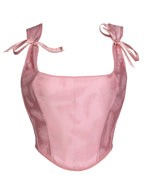 Romantic Pink Sweetheart Corset Top with Adjustable Tie-Shoulder Bows