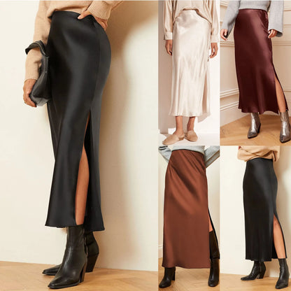 Elegant High Waist Satin Maxi Skirt with Side Slit Pencil Silhouette