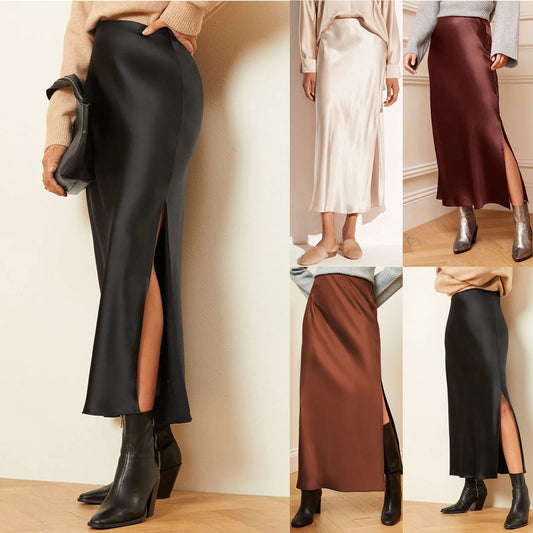 Elegant High Waist Satin Maxi Skirt with Side Slit Pencil Silhouette